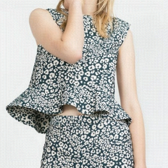 Zara Tops - ZARA Animal Print Peplum Blouse Size S Green  & White Sleeveless Top Back button